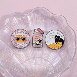 Three cute enamel cat pins set featuring Catitude and Certified Cat Lady designs