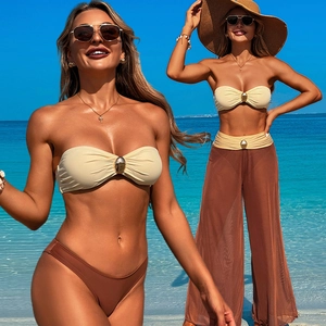 Women Bikini Bandeau Top And Bottoms With Sheer Mesh Wide Leg Pants Beach Vacation Swimwear Solid Color Metal Buckle