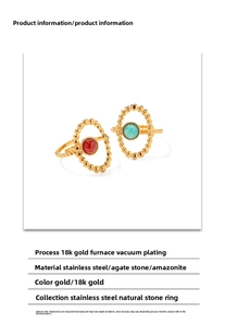 Detail of 18K gold plated stainless steel rings with red agate and amazonite stones