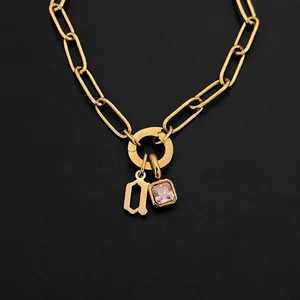 Kleinbuchstabe Anfangsbuchstabe Anhänger Halskette Für Damen Edelstahl Vergoldet Büroklammerkette Rosa Quadratisch Strass Schmuck