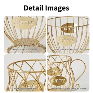 Golden iron wire coffee pod storage basket with COFFEE metal nameplate and top handles