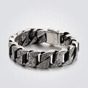 Retro 316L stainless steel Cuban link bracelet for men with vine pattern relief