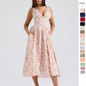 Women Elegant Floral Print Midi Dress Polyester V-Neck Sleeveless High Waist Corset Design With Pockets Summer