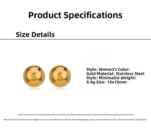 Detail of 10mm golden stainless steel ball stud earrings with technical specifications