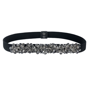 Elastic black waist belt featuring shimmering silver crystal flower design for women