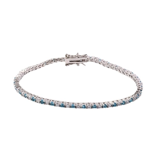 Classic tennis bracelet with blue and white zircons on silver metal with box clasp