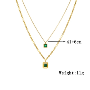 Double-layered gold titanium necklace with green square gemstone pendants 41+6cm