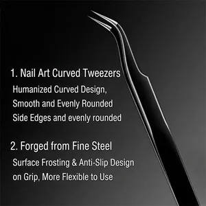 Professional matte black curved precision tweezers for nail art and eyelash application