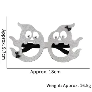 Glittery silver ghost Halloween glasses with black bow ties, size 18cm by 9.7cm
