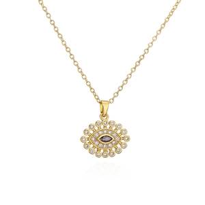 Detailed view of evil eye necklace with purple crystal and gold chain on white background