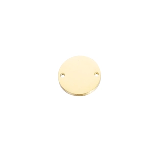 Close-up of golden stainless steel double-hole round tag with a polished mirror finish