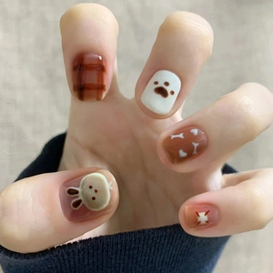 Cute Bunny Press On Nails Short Square Artificial Finger Nails Sweet Cartoon Mocha Brown Plaid For Women Girls