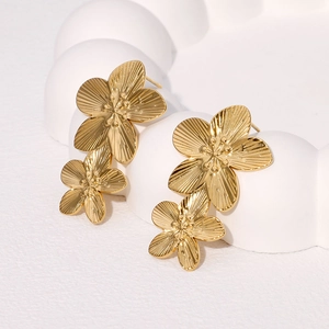 Vintage gold double flower stud earrings with elegant brushed metal texture for women
