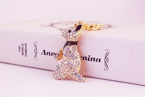 Close-up of golden kangaroo keychain with sparkling crystals on a beige book