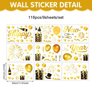 Golden fireworks and balloon New Year window static stickers set of 118 pieces on 9 sheets