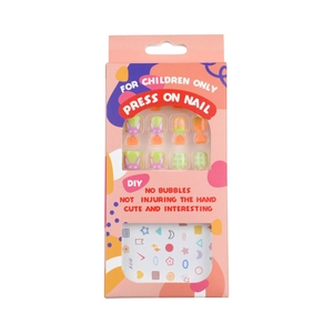 Pink cartoon press-on nail kit for kids with bunny and floral patterns in packaging