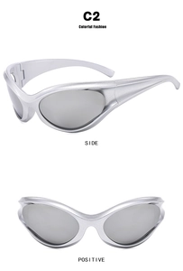 Front and side views of silver Y2K futuristic wrap-around sports sunglasses