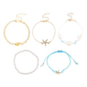 Set di 5 braccialetti da spiaggia con conchiglie, stelle marine e perle blu