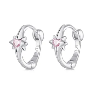 925 Sterling Silver Hoop Earrings With Pink Heart Zircon Star Dangle Octagram Huggie Hoops Fashion Jewelry For Women