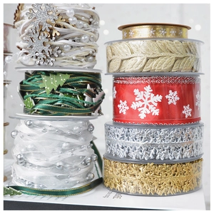 Detail of Christmas ribbons with snowflakes, pearls, and wood tree charms in various textures