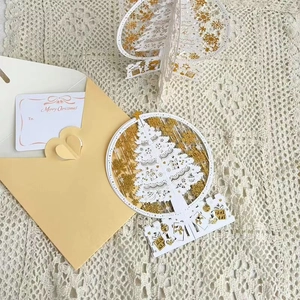 3D pop-up Christmas tree greeting card with gold foil details and cream lace background