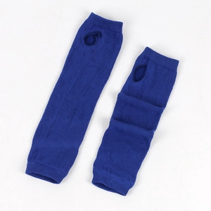 Detail showing blue knitted arm sleeves with thumb hole design on white background