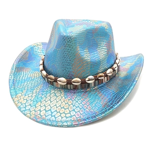 Holographic purple snakeskin cowboy hat with shell band decoration for festival outfits