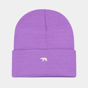 Close-up of cute white polar bear embroidery on a purple knitted winter beanie hat