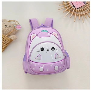 Detail of purple cartoon cat kindergarten backpack with hard shell and durable zipper