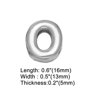 Close-up of silver metal letter O bead with precise dimensions for DIY jewelry making