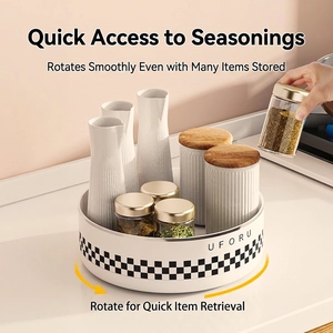 Rotating kitchen spice rack tray with checkerboard pattern for countertop organization