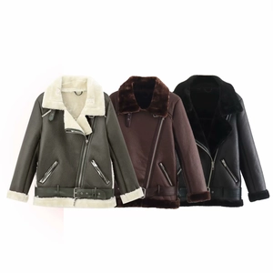 Women Faux Leather Moto Jacket Warm Shearling Lined Lapel Zipper Outerwear Long Sleeve Belted