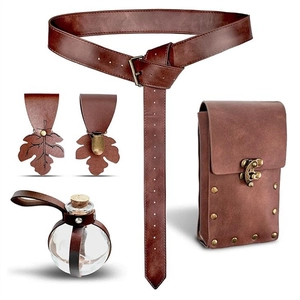 Detailed set of brown PU leather vintage belts with a small pouch and glass potion bottle
