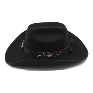 Chapeau jazz classique en feutre blanc avec bandeau en cuir à fleurs brodées