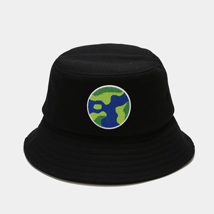 Detail of black cotton bucket hat with Earth embroidery and stitched brim