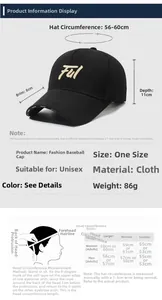 Size information and dimensions chart for unisex black embroidered baseball cap