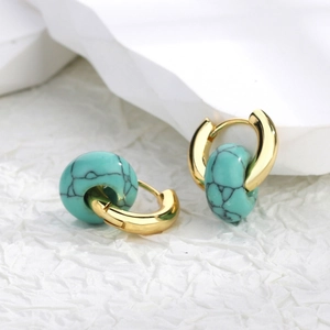 Retro turquoise drop hoop earrings with gold-toned metal and marbled green stones