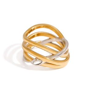 Stainless Steel Ring 18K Gold Plated Multi Layer Wrap Hollow Line Geometric Jewelry Two Tone For Women