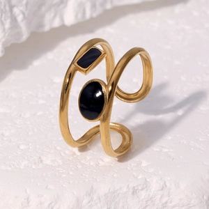 Classic 18k gold-plated stainless steel open ring with black enamel geometric design