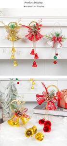 Close-up of decorative Christmas bells with pine cones and red checkered bows