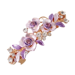 Barrette fleurie violette vintage avec strass et feuilles en alliage d'or rose