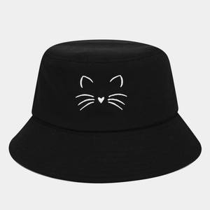 Classic black cotton bucket hat with cute white cat face embroidery for casual sun protection