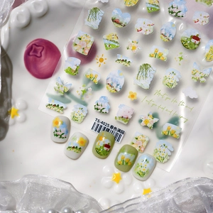 Stickers à ongles 3D chat mignon et jardin printanier avec motifs floraux pour DIY