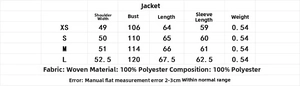 Detailed size guide table for women's long sleeve zipper jacket made of 100% polyester