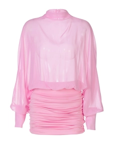 Detail of pink sheer mesh top and ruched bodycon skirt set on a ghost mannequin display