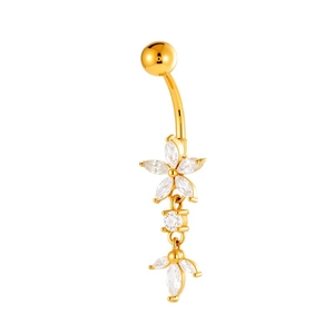 Golden heart-shaped navel ring with zircon flower tassels and curved stainless steel bar