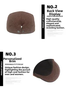 Detail view of adjustable metal buckle and textured wool fabric on brown beret hat