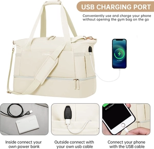 Detail of travel gym bag with integrated USB charging port for mobile phone connectivity