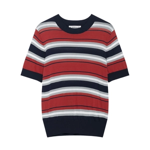 Women Multi Color Stripe Short Sleeve Knitted Top Crew Neck Casual Soft Polyester Pullover Sweater
