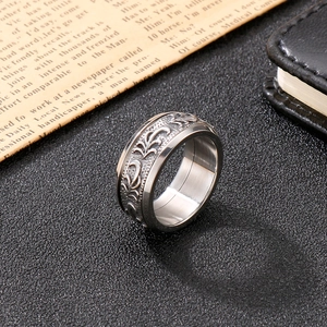 Vintage Men Spinner Ring Stainless Steel Carved Floral Vine Texture Wide Band Retro Punk Style Jewelry Finger Ornament